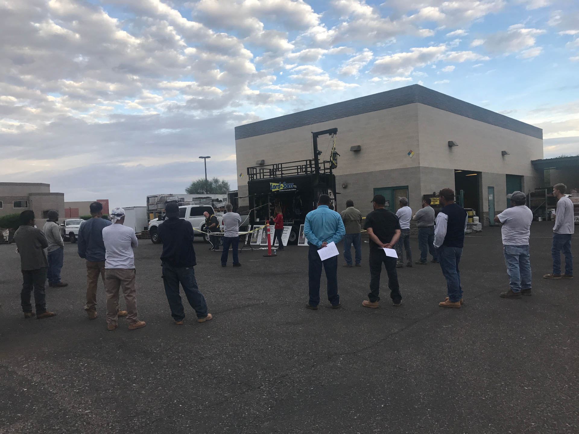 KY-KO Roofing crew gathered at the company yard for a fall-protection safety training session.